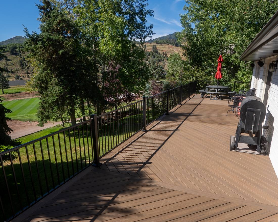 Composite deck boards laid in a pattern