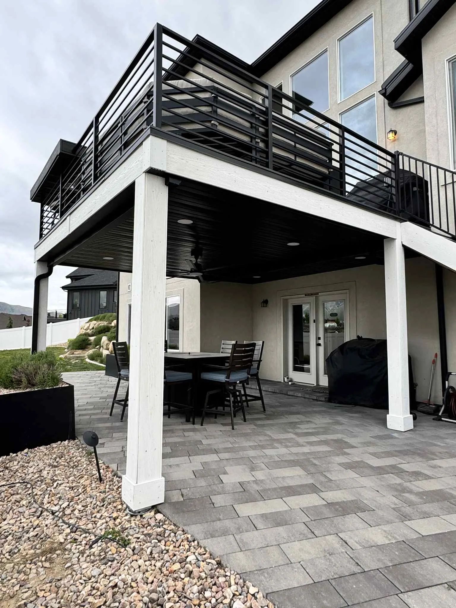 Finished soffit on the underside of an elevated deck