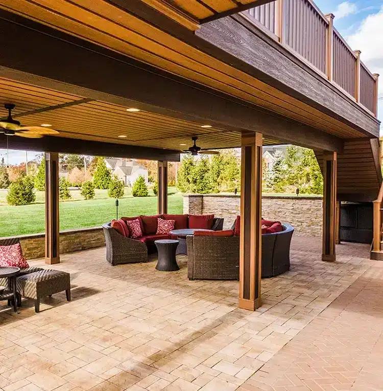 Wrapped posts and beams under an elevated deck