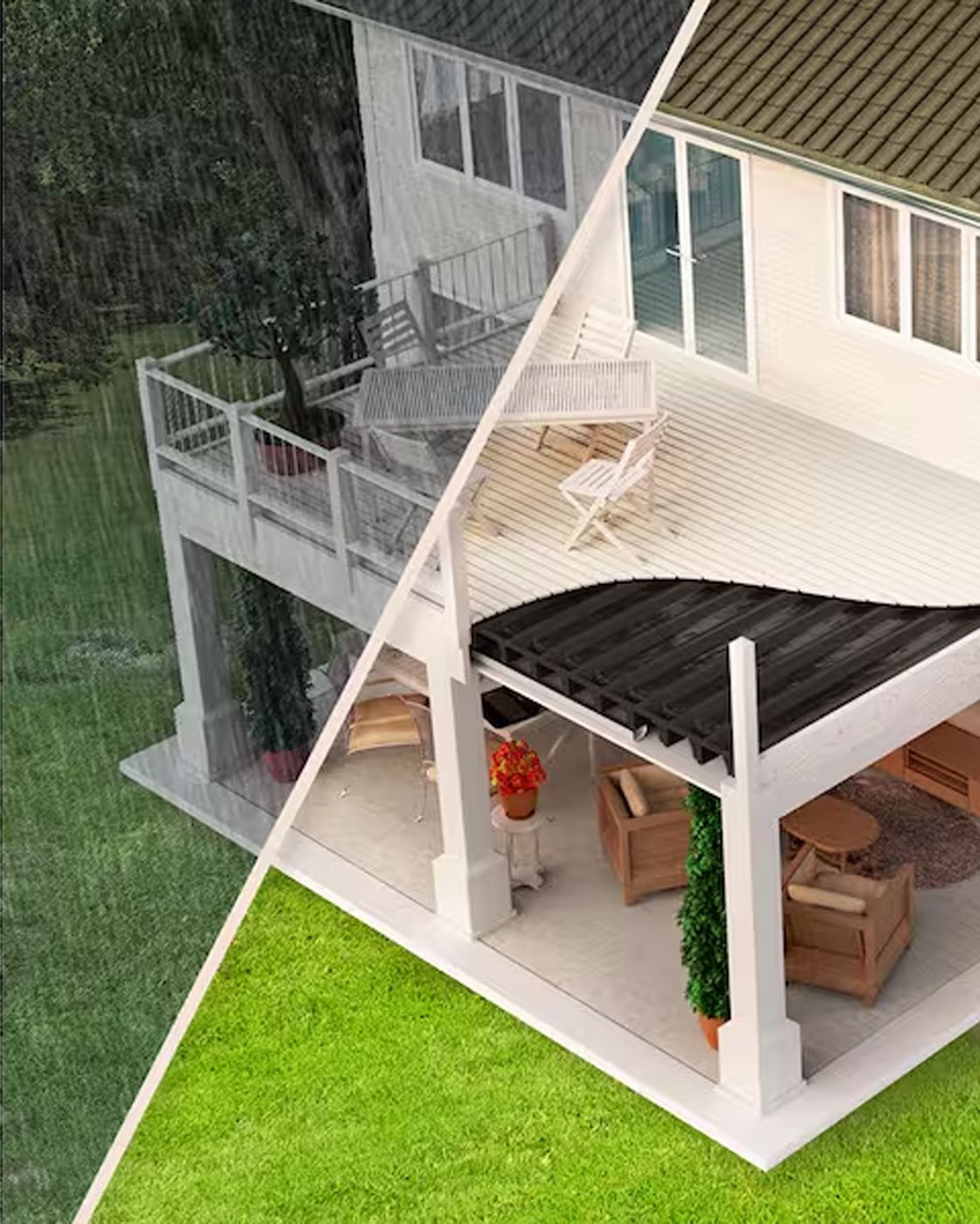 Under-deck waterproofing creating a dry patio below